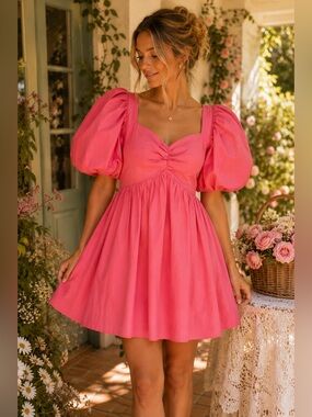 NWT Showpo Pink Puff Sleeve Mini Rush Dress 100% Cotton US 2 Cottagecore